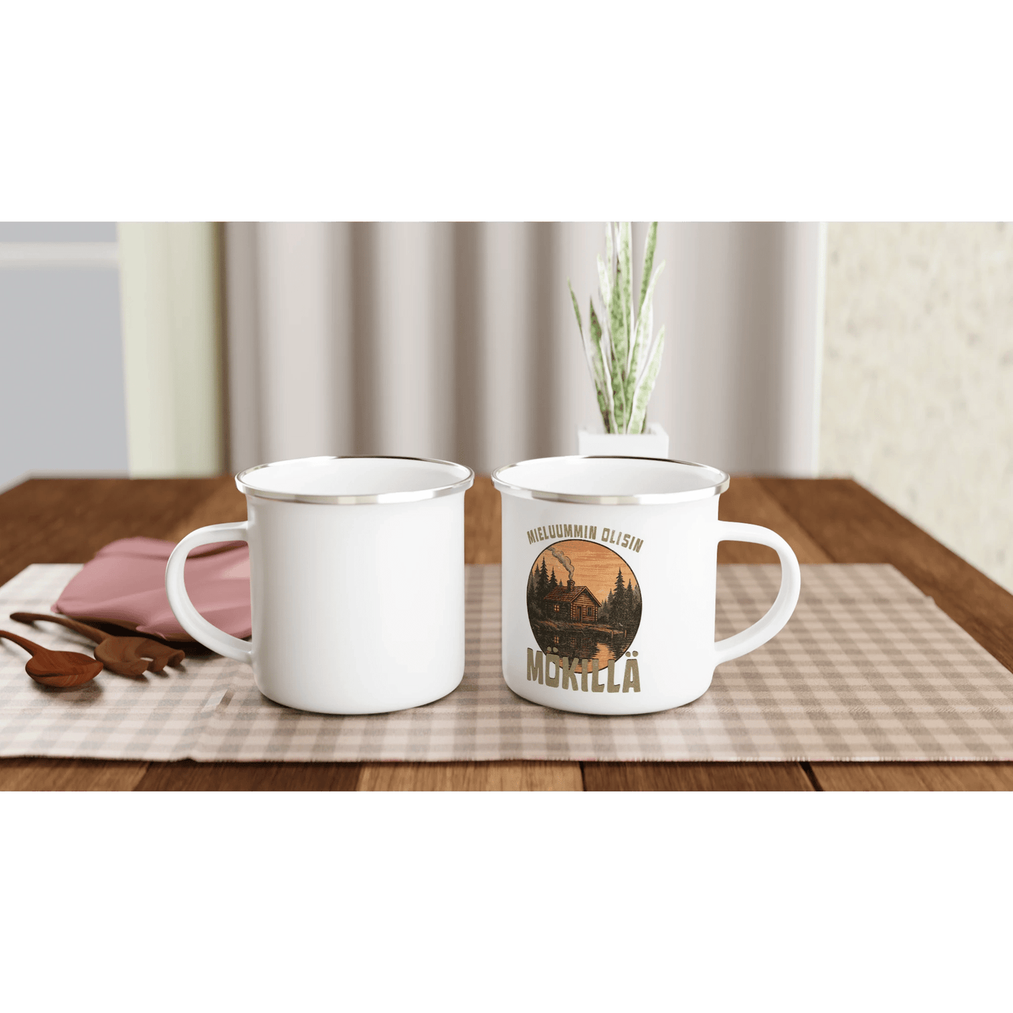 Mieluummin Olisin Hirsimökillä - Emalimuki 3,5dl - Mun Paita