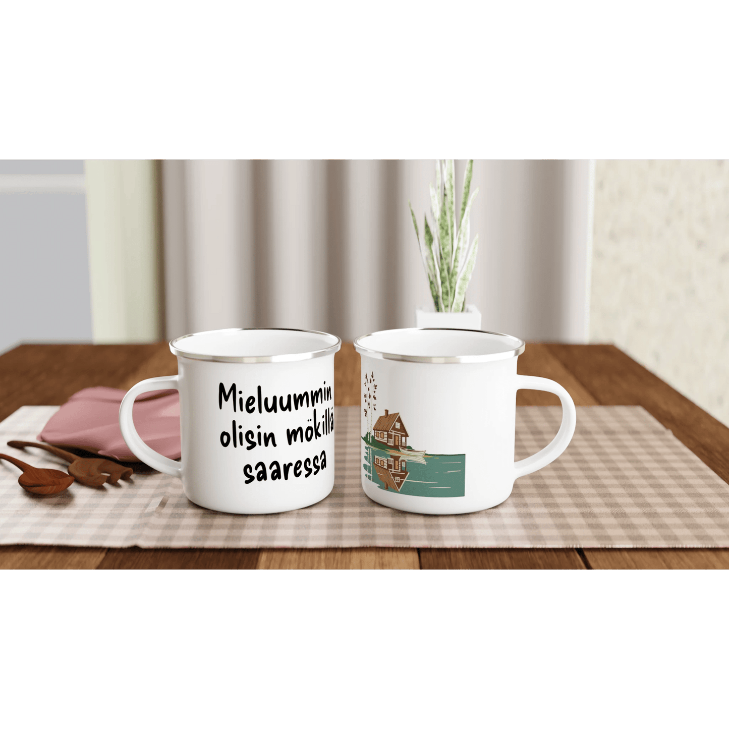 Mieluummin Olisin Mökillä Saaressa - Emalimuki 3,5dl - Mun Paita