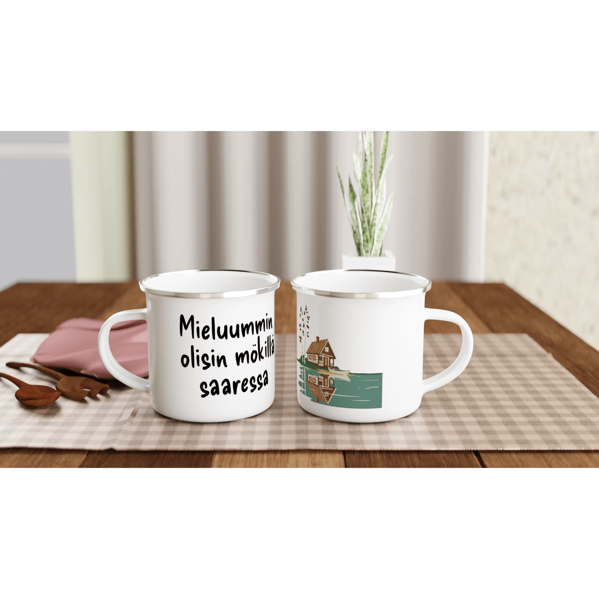 Mieluummin Olisin Mökillä Saaressa - Emalimuki 3,5dl - Mun Paita