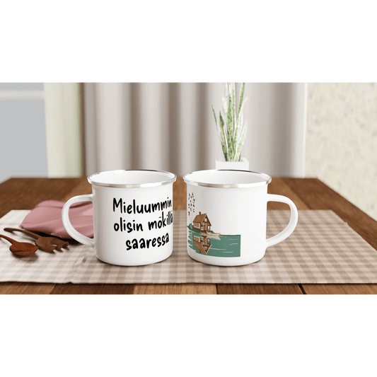 Mieluummin Olisin Mökillä Saaressa - Emalimuki 3,5dl - Mun Paita